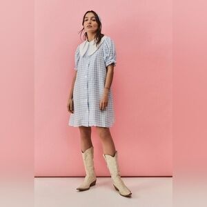 Sleeper Marie 100% linen blue gingham mini dress, medium